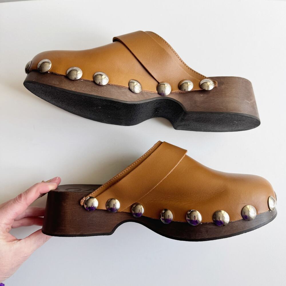 GANNI Retro Leather Studded Platform Clog Mules in Tiger Eye Brown Size 40/10 - Picture 7 of 8